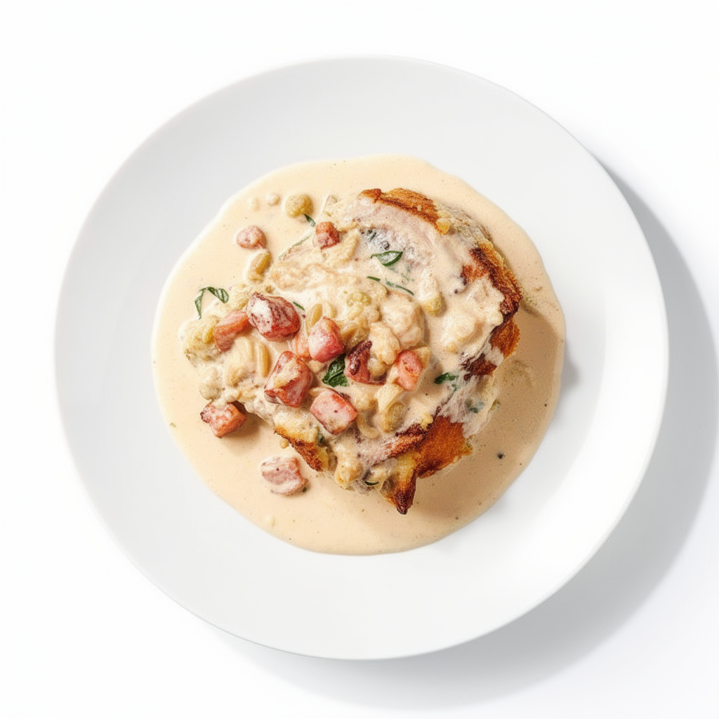 Purus kugelis su mėsaine įdara ir kremingu padažu