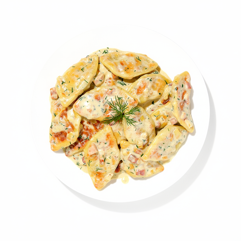 Nostalgiški orkaitiniai švilpikai su grietinėliniu šoninės padažu